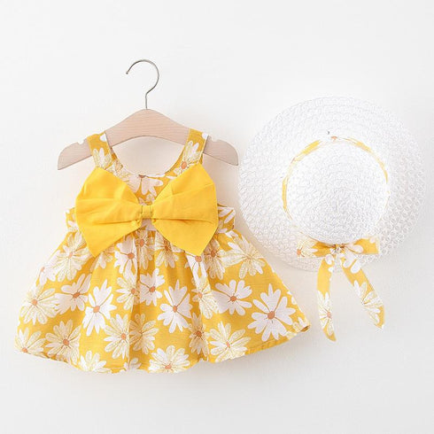 Summer New Baby Girl Vest Dress Princess Dress Straw Hat Flower Dress Two-piece Set