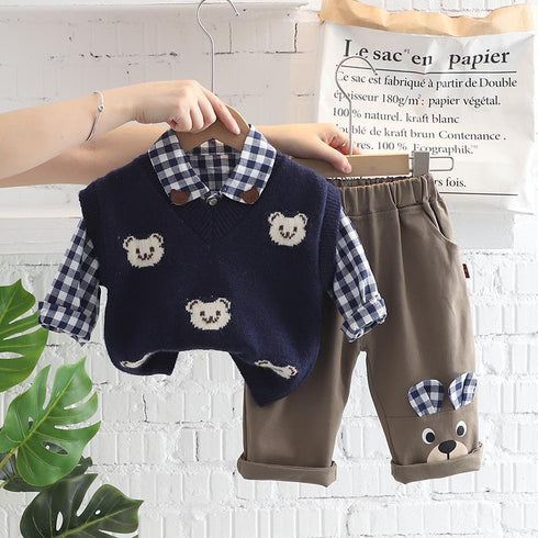 Bear Lapel Plaid Shirt Long Sleeve Suit Baby Boy Casual Sweater Vest Three Piece Set