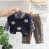 Bear Lapel Plaid Shirt Long Sleeve Suit Baby Boy Casual Sweater Vest Three Piece Set