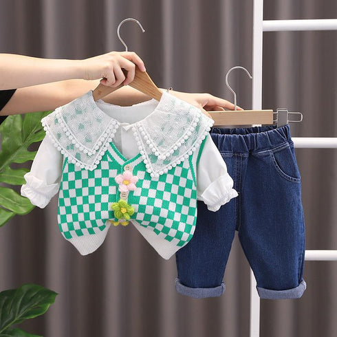 Lapel Shirt Long Sleeve Suit Plaid Sweater Vest Three Piece Set