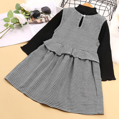 Girl, long-sleeved knitwear houndstooth vest skirt two-piece set