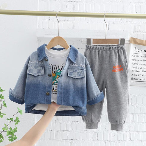 Lapel Denim Long Sleeve Three Piece Baby Boys' Casual Pants Set
