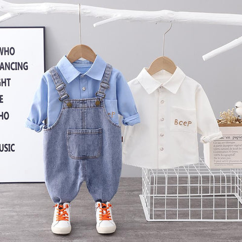 Boy's Long Sleeve Shirt Denim Straps Two-Piece Set