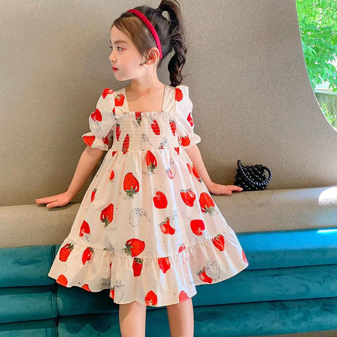 Girls Dress 2022 Summer New Girls Strawberry Print Dress Bow Princess Dress