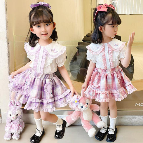 Girls New Short Sleeve Skirt Suit Girls Pleated Skirt Academy Style Princess Suit