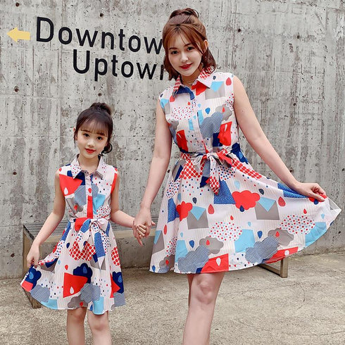 Mommy And Me Print Sleeveless Bow Belt Parent-child Dress
