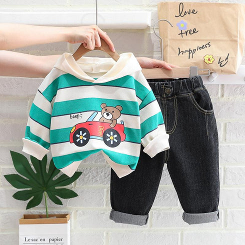 Spring and Autumn Boys Car Striped Hoodie Jeans Set