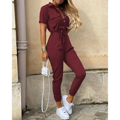 Casual lapel buckle print belt frock jumpsuit