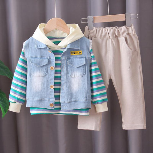 Three-piece set of denim waistcoat inside children's clothing stripes
