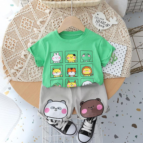 Cartoon Round Neck Short Sleeve Set Baby Sports Shorts Two-piece Set