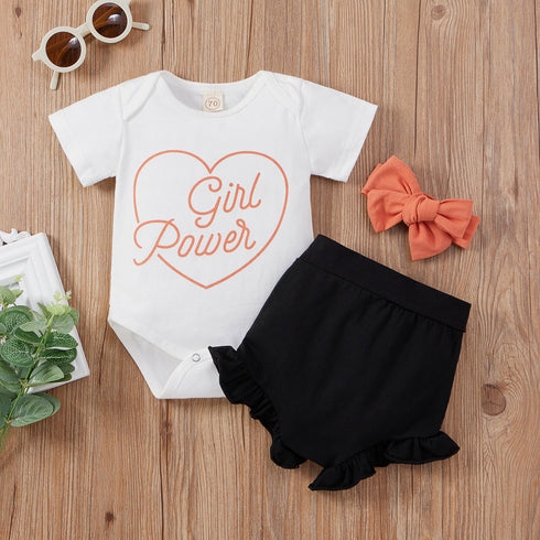 Girls short sleeve+shorts+bowknot three-piece set