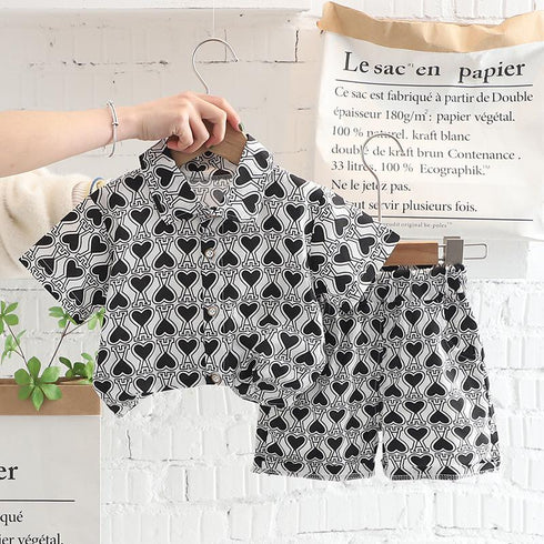 All over print Lapel Shirt Short Sleeve Set Boys' casual shorts two-piece set