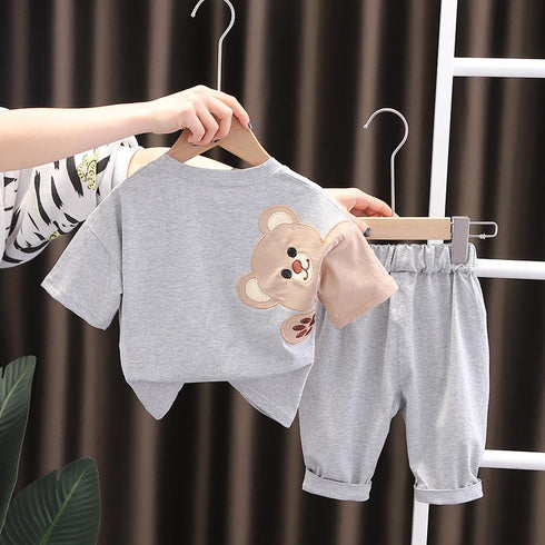 Handsome Round Neck Bear Short Sleeve Suit Casual Pants Two Piece Set