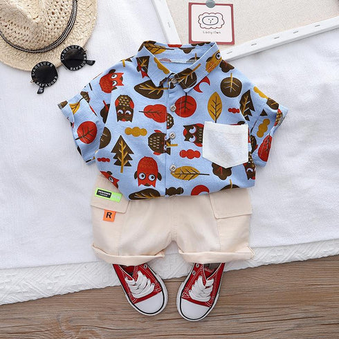 Cartoon Owl AOP Shirt Children's Summer Short Sleeve Two Piece Set