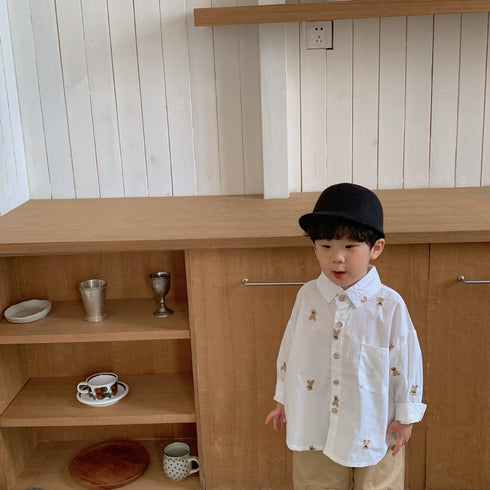 Children's Long Sleeve Shirt Cotton Western Style Embroidered Bear Shirt