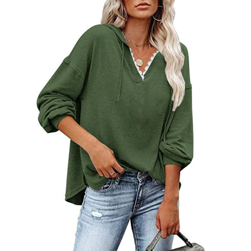 Fall Winter Solid Lace V-Neck Loose Hoodie