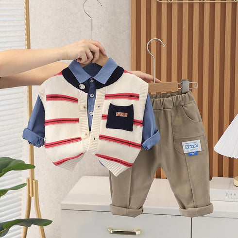 Spring and Autumn Boys Casual Sweater Vest Three-Piece Set
