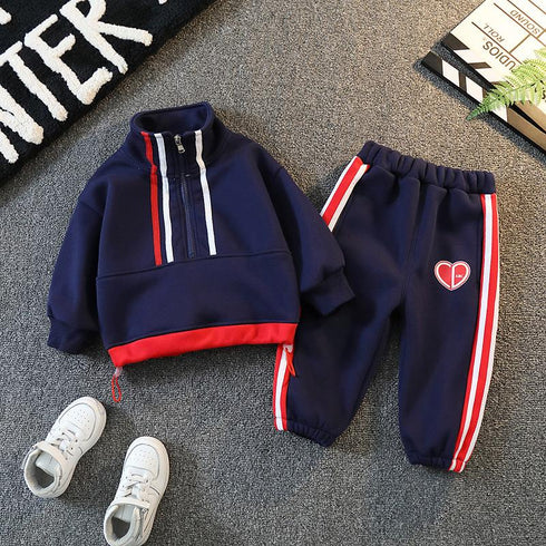 Autumn and winter boys plus velvet long sleeve suit two-piece set