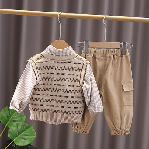 Boys spring and autumn sweater vest shirt three-piece set