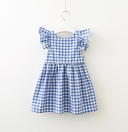 Summer New Girl's Back Bow Dress Backless Fly Sleeve Plaid Princess Dress