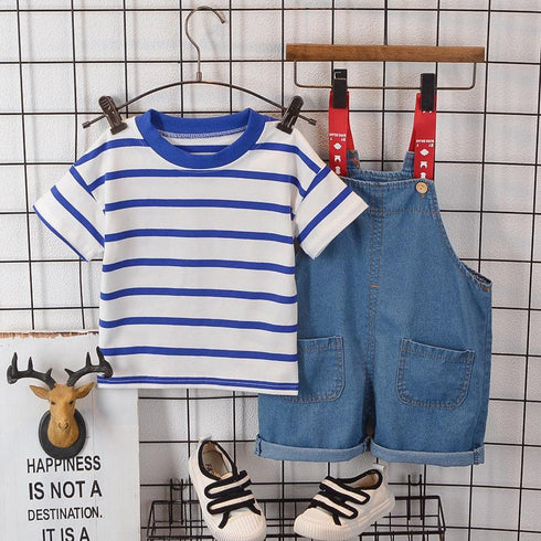 Boy's and girl's striped T-shirt short sleeve denim braces two-piece set