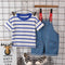 Boy's and girl's striped T-shirt short sleeve denim braces two-piece set