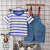 Boy's and girl's striped T-shirt short sleeve denim braces two-piece set