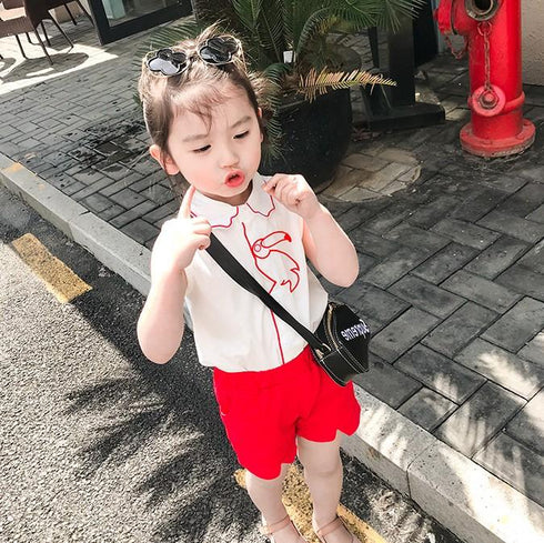 Girls Summer Embroidered Flamingo Vest Shorts Set