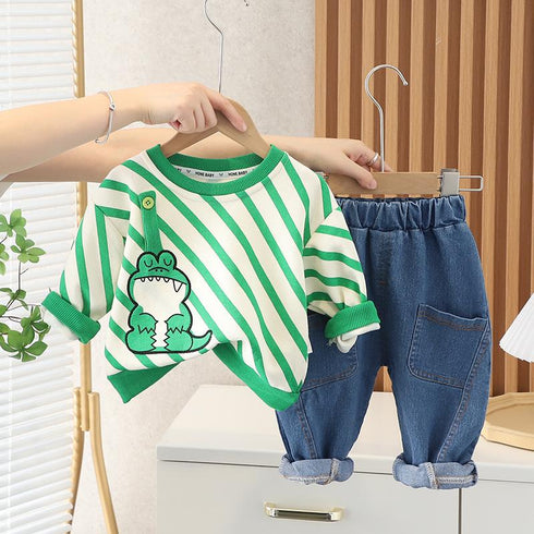 Casual Round Neck Diagonal Long Sleeve Suit Boy Baby Jeans Pants Two-piece Set