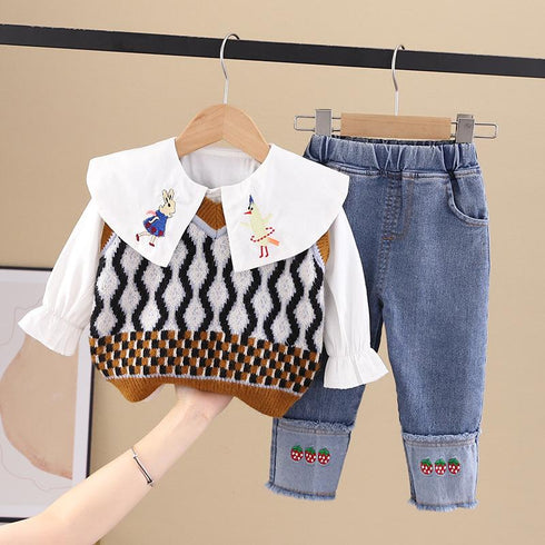 Spring and Autumn Shirt Long Sleeve Girls Knitted Sweater Vest Jeans Three-Piece Set