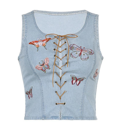 Butterfly Embroidery Denim Bandage Vest Round Neck Blouse
