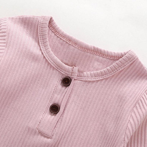 Ribbed Solid Front Button Long-sleeve Baby Romper