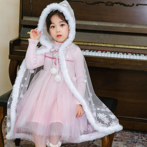 Girls' Winter Princess Dress Children's Mesh Dress Cloak Two-Piece sweater dress