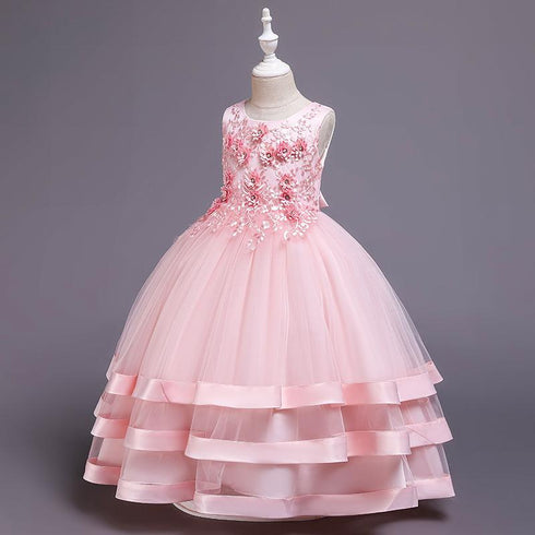 Flower Princess Dress Lace Beaded Multi-Layer Satin