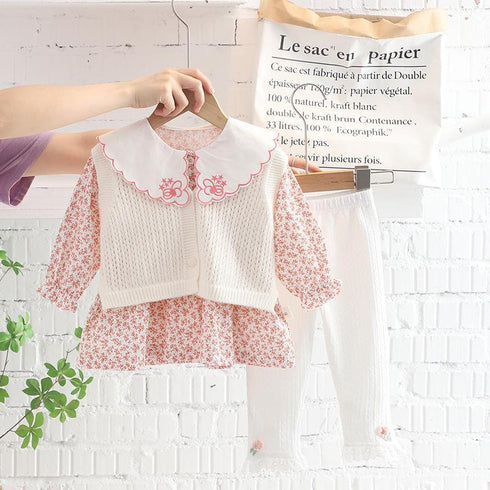 Lapel Floral Shirt Long Sleeve Suit Baby Girl Sweater Cardigan Three Piece Set