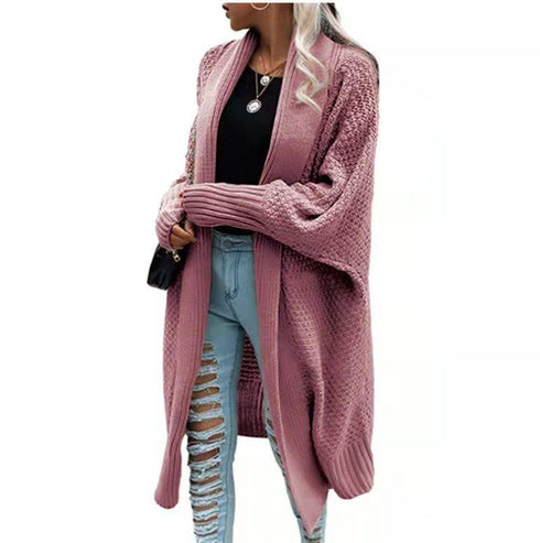 Fall winter lapel bat sleeve knit long sweater cardigan