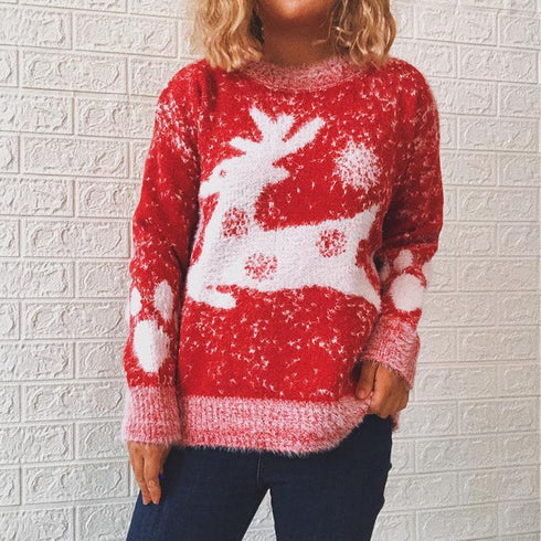 New Year Christmas Sweater Fawn Snowflake Crewneck Knit Pullover