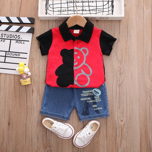 Children's Stripe Stitched Bear Shirt Shorts Two-piece Set