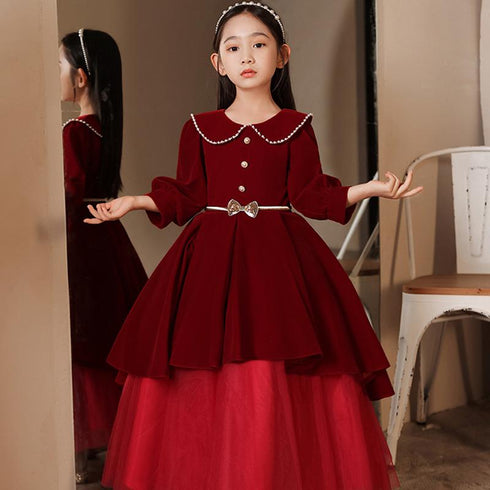 New Year's Christmas Dress Birthday Red Long Sleeve Velvet Princess Paggy Dress
