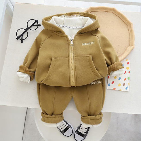 Autumn and winter boys plus velvet hooded long sleeve suit two-piece set