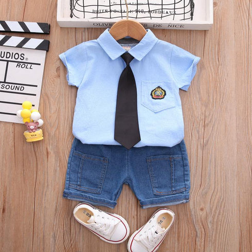 Children's Chest Pocket Shirt Jeans Two Piece Set