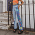 Side Color Blocking Pattern Flower High Waist Micro Horn Jeans