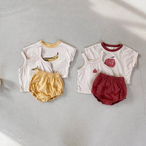 Summer Fruit Casual Three Piece Set Short Sleeve Suspender T-shirt Shorts Set