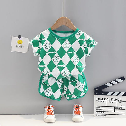 Plaid Cartoon T-shirt Two Piece Set Short Sleeved Shorts Set