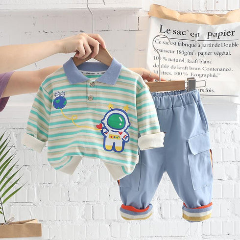 Astronaut Lapel Striped Long Sleeve Suit Boy's Baby Casual Pants Two-piece Set