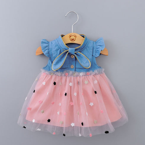 Summer New Baby Girl Stitching Dress Fly Sleeve Five-pointed Star Mesh Dress Cute Sweet