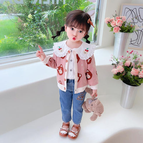 Cherry Bear Knitted Cardigan Three Piece Set Baby Girl Lapel Shirt Long Sleeve Set