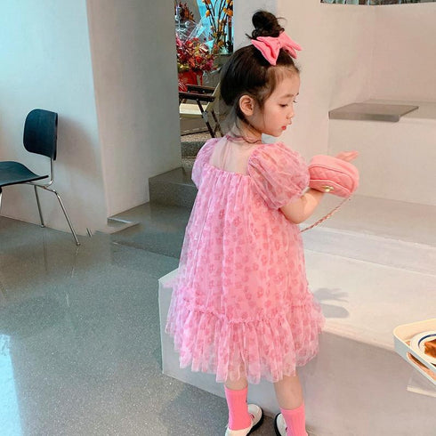 Girls' Short Sleeved Floral Mesh Dress
