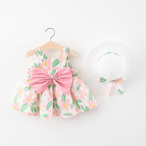 Summer New Baby Girl Vest Dress Princess Dress Straw Hat Flower Dress Two-piece Set