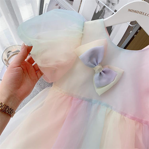 Summer New Girl Short Sleeve Dress Sweet Rainbow Princess Dress Bow Skirt